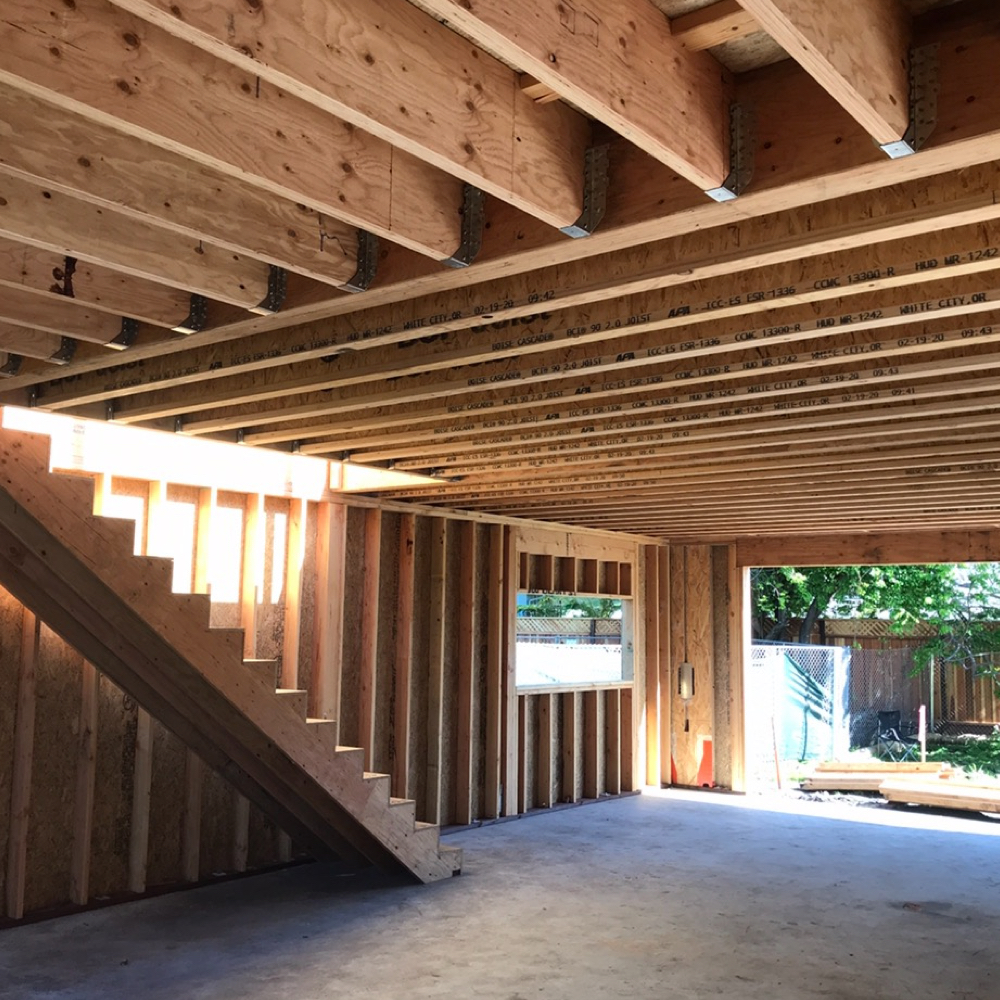 New home frame, inside first story